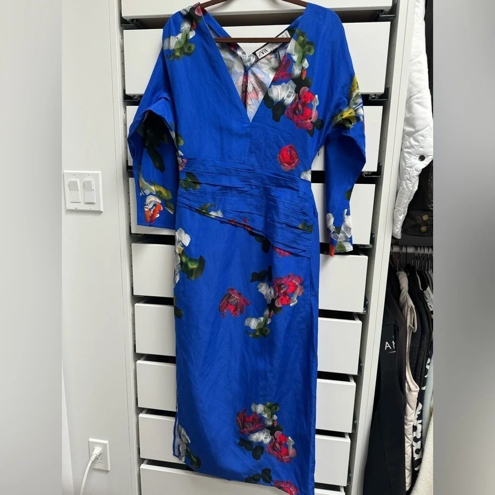 ZARA TRAF S/S 24 Hand Dyed Blue Floral Chinoserie Dress Draped Long Sleeve Sz M